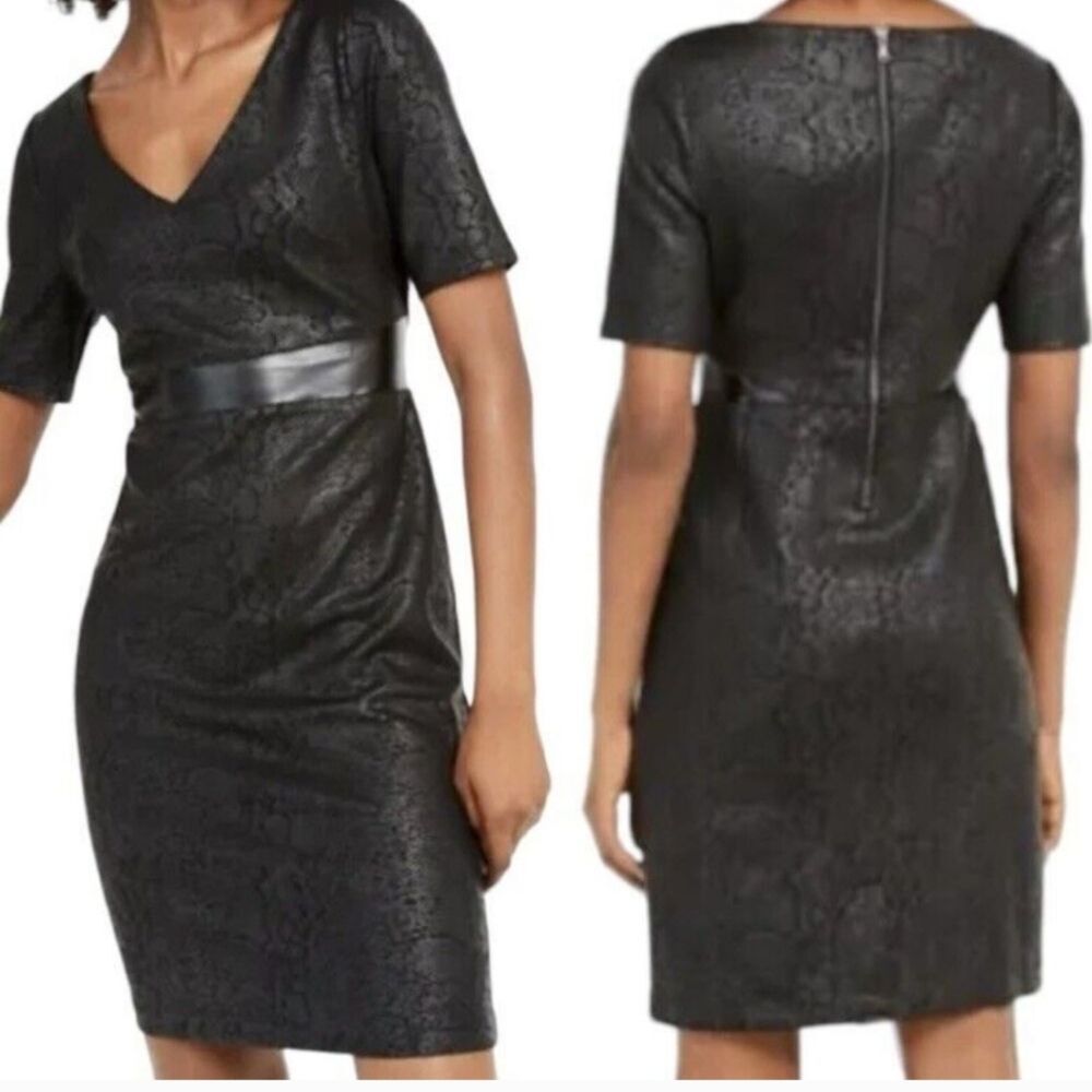 NWT INC Sheath Dress Coated Snake Print Stretch V-Neck Black XL